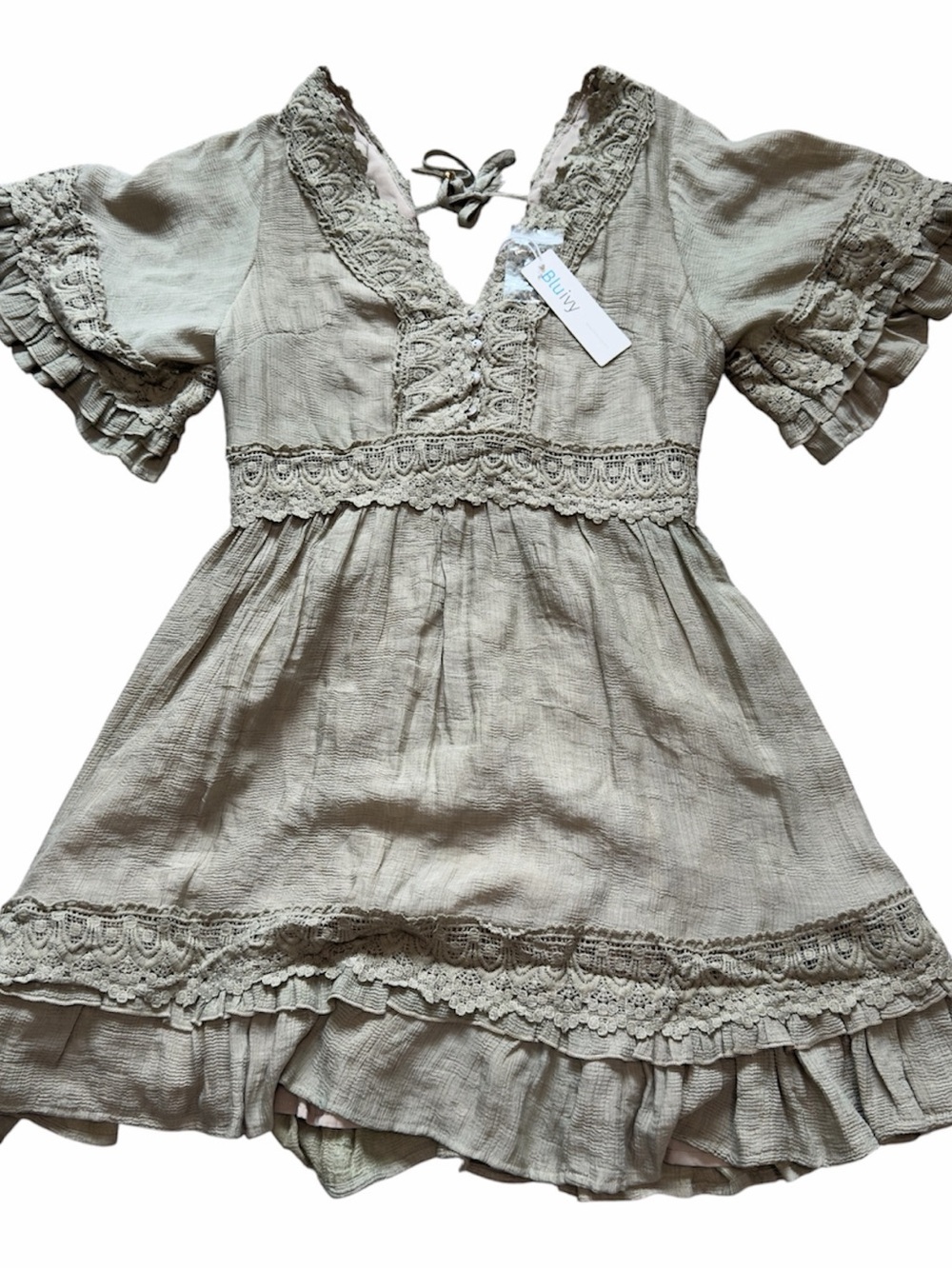 Bluivy Lace Boho Mini Dress Sage Green Ruffle Cottagecore Size Small NWT